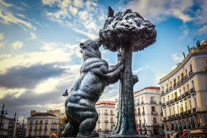 Bear and strawberry tree statue in Puerta del Sol in Madrid, Spain