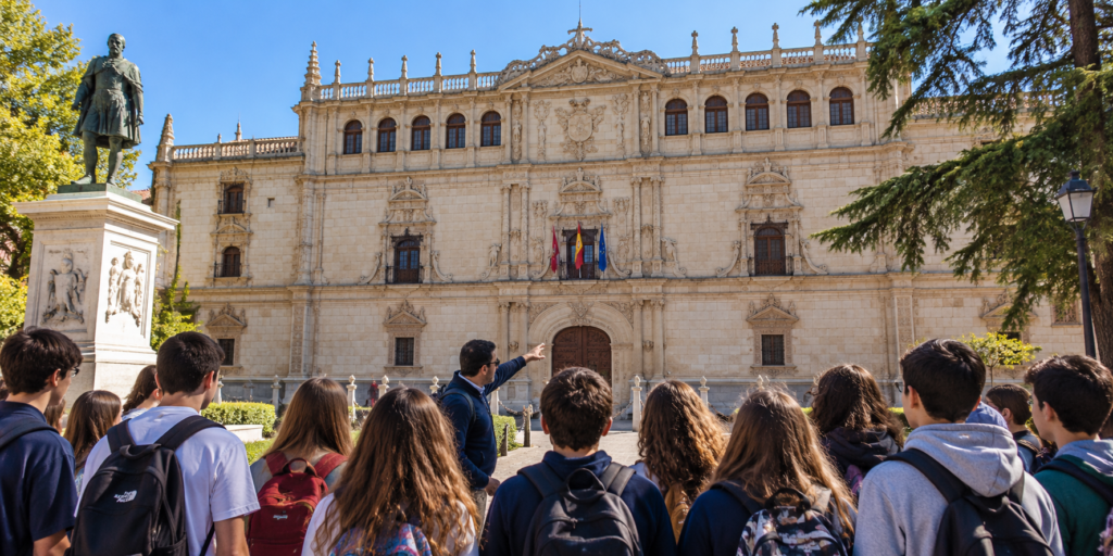Grupo escolar durante una excursión a Alcalá de Henares desde Madrid